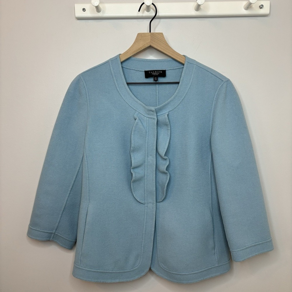 Talbots Boiled‎ Wool Ruffle Jacket 14P 3/4 Sleeve Powder Blue Felted Preppy Soft